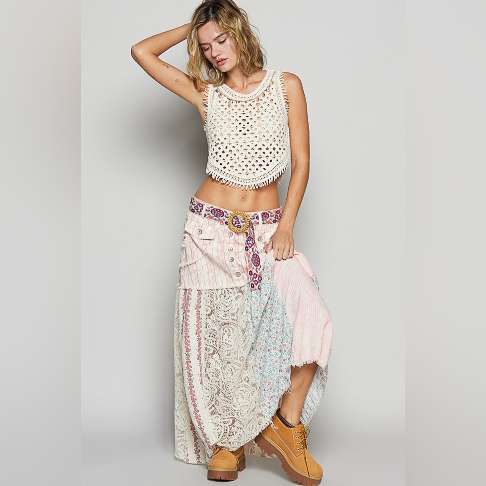 💖🩵POL Boho Patchwork Floral Maxi Skirt ✨Festival ✨Cottagecore ✨Free People Style